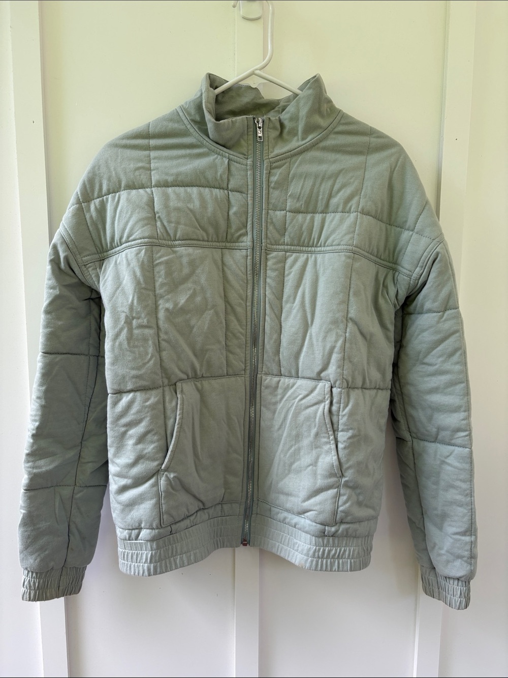Anthropologie Light Sage Green Quilted Bomber Jacket